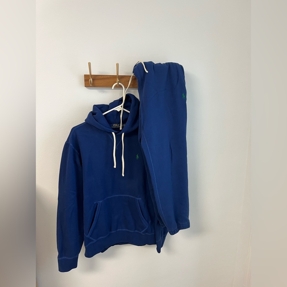 Polo Ralph Lauren RL Fleece Sweatpant & Hoodie Suit Set Blue Large Luxury